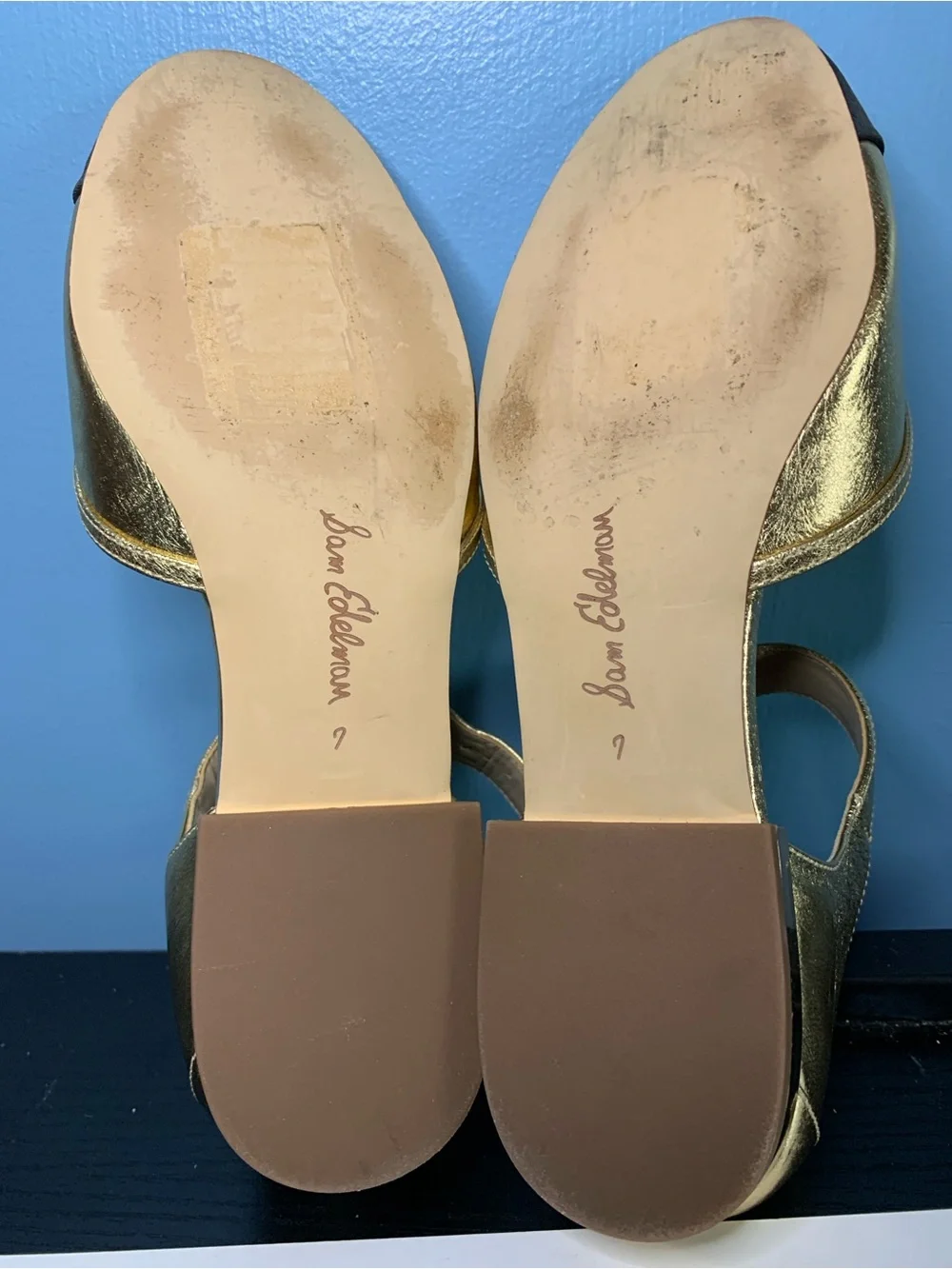 Sam Edelman Gold and Black Cap Toe Ankle-Strap Flats